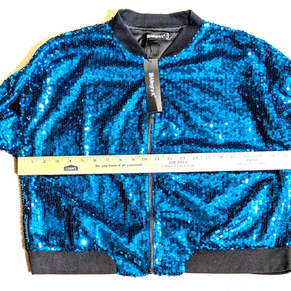 NWT Allegra K Teal Blue Sequin Sparkle Zip Front Bomber Evening Jacket Y2K L - Picture 7 of 10